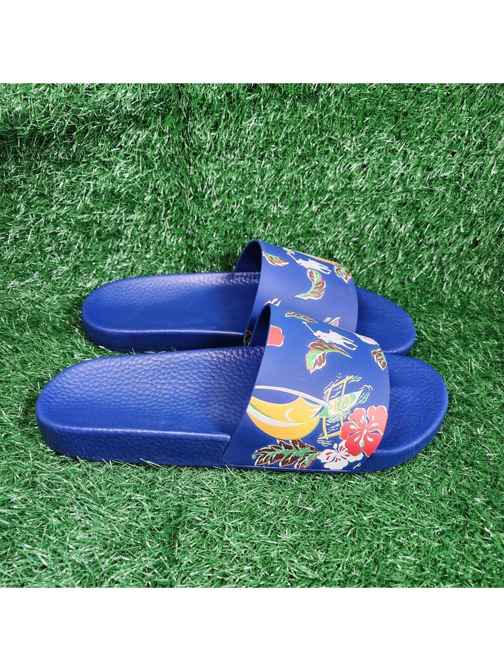New Polo Ralph Lauren Men's Slide Sandals Size 14 Blue Tropical Floral Casual